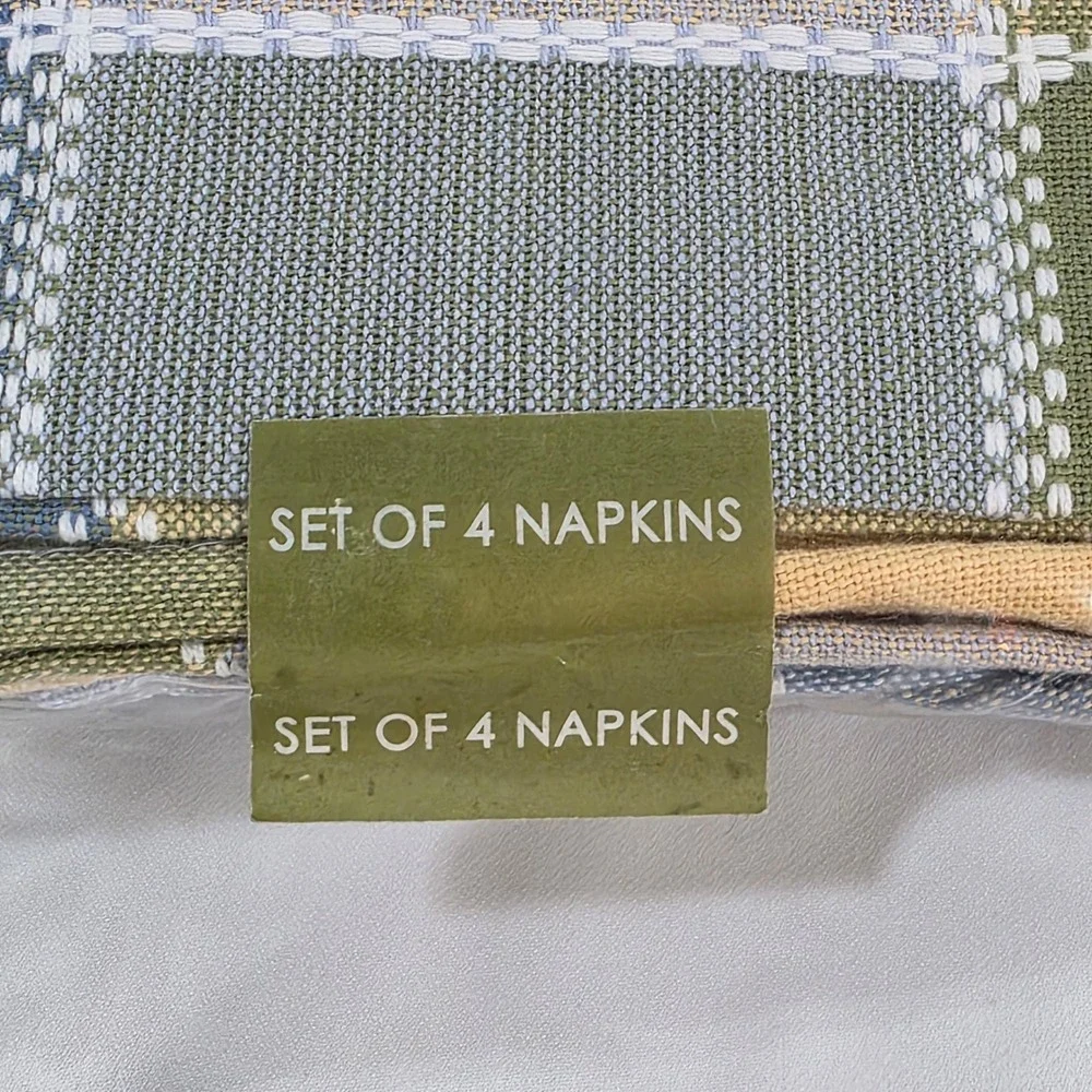 Bed Bath & Beyond Patchwork Plaid Napkin Set of 4 Green Blue Tan Woven Cloth VTG